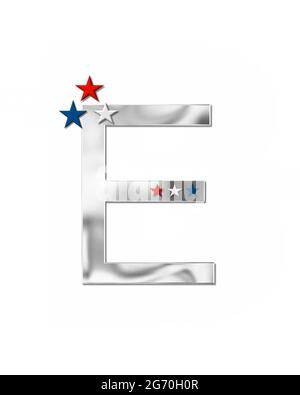 The letter E, in the alphabet set 'Plain Patriotism' is silver metalic.  Three stars decorate letter with red, white and blue.  Letters coordinate wit Stock Photo