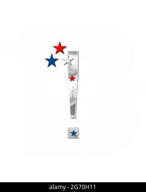 Explanation point, in the alphabet set 'Plain Patriotism' is silver metalic.  Three stars decorate letter with red, white and blue.  Letters coordinat Stock Photo