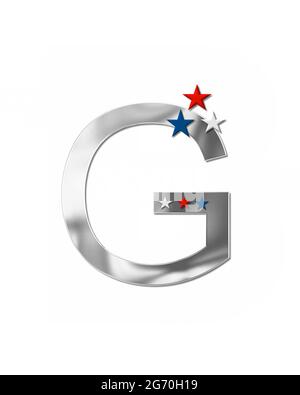 The letter G, in the alphabet set 'Plain Patriotism' is silver metalic.  Three stars decorate letter with red, white and blue.  Letters coordinate wit Stock Photo