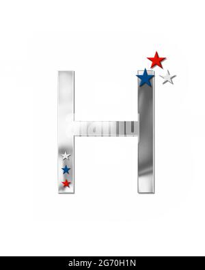 The letter H, in the alphabet set 'Plain Patriotism' is silver metalic.  Three stars decorate letter with red, white and blue.  Letters coordinate wit Stock Photo