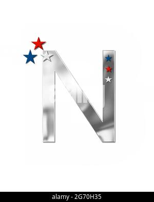 The letter N, in the alphabet set 'Plain Patriotism' is silver metalic.  Three stars decorate letter with red, white and blue.  Letters coordinate wit Stock Photo