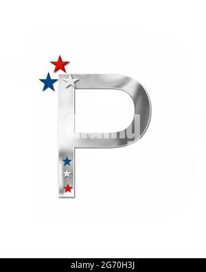 The letter P, in the alphabet set 'Plain Patriotism' is silver metalic.  Three stars decorate letter with red, white and blue.  Letters coordinate wit Stock Photo