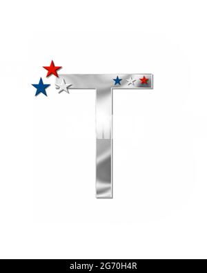 The letter T, in the alphabet set 'Plain Patriotism' is silver metalic.  Three stars decorate letter with red, white and blue.  Letters coordinate wit Stock Photo