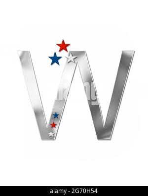 The letter W, in the alphabet set 'Plain Patriotism' is silver metalic.  Three stars decorate letter with red, white and blue.  Letters coordinate wit Stock Photo