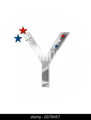 The letter Y, in the alphabet set 'Plain Patriotism' is silver metalic.  Three stars decorate letter with red, white and blue.  Letters coordinate wit Stock Photo