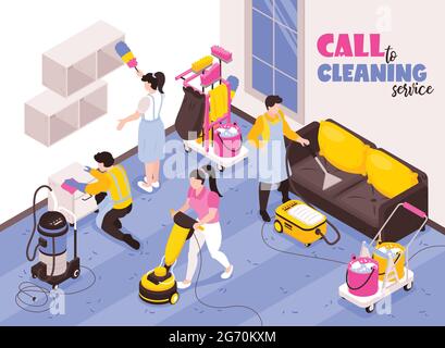 Cleaning service isometric advertising composition with professional team at work with vacuum cleaners sponge duster vector illustration Stock Vector