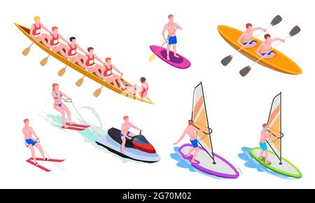 Isolated and isometric water sports icon set with diving windsurfing canoeing rowing snorkeling vector illustration Stock Vector
