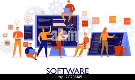 Professional programmers configuring software colorful flat vector illustration Stock Vector