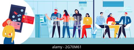 Bank customers using atm and woman using online mobile application flat vector illustration Stock Vector