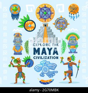 Maya civilization flowchart background composition with text surrounded by ancient idols characters hieroglyphs and traditional jewelry vector illustr Stock Vector