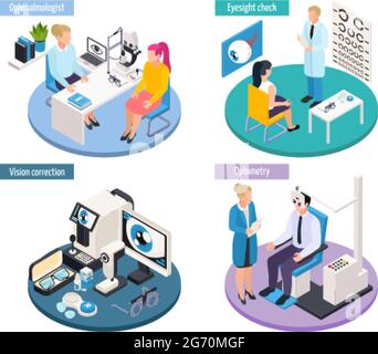 Ophthalmology isometric 2x2 design concept with scenes of medical appointments and professional eye sight checking tools vector illustration Stock Vector