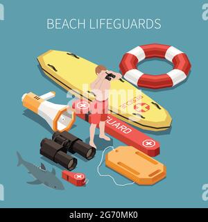 Inventory of beach lifeguard isometric composition with surf board loudspeaker binocular whisle 3d vector illustration Stock Vector