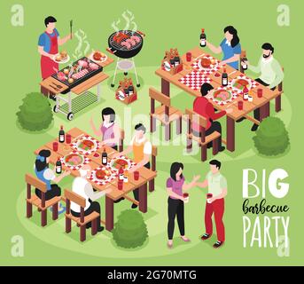 Isometric bbq barbecue composition with view of outdoor party with human characters tables seats and grill vector illustration Stock Vector