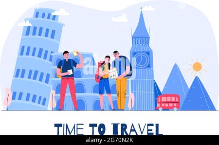 Tourism city composition with time to travel headline and three tourists on vacation vector illustration Stock Vector