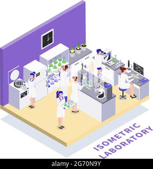 Biotechnology isometric composition with view of laboratory workplace ...