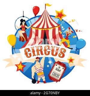 Classic traveling circus symbols circular composition with chapiteau red white tent strongman clown acrobat flat vector illustration Stock Vector