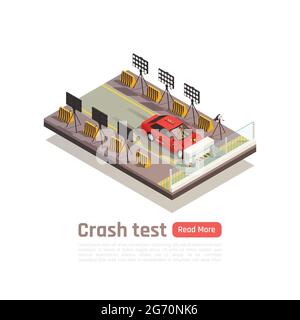 Crash test car safety isometric composition with image of car crashing into barrier camera and lighting vector illustration Stock Vector