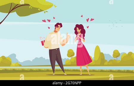 Gift present romantic love composition with outdoor park landscape and flat characters of couple with hearts vector illustration Stock Vector