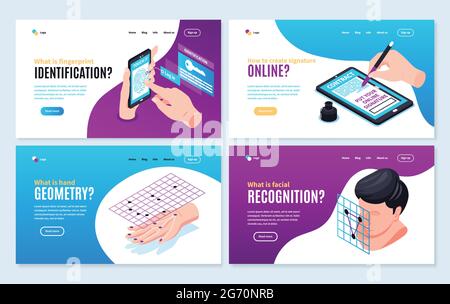 Set of four isolated isometric biometric identification horizontal banners web site pages with editable text links vector illustration Stock Vector