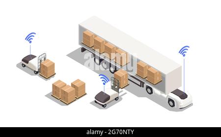 Isometric composition with automated forklifts loading cardboard boxes into truck on white background 3d vector illustration Stock Vector