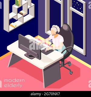 Modern elderly people isometric background illustrated senior woman with headset working at laptop vector illustration Stock Vector
