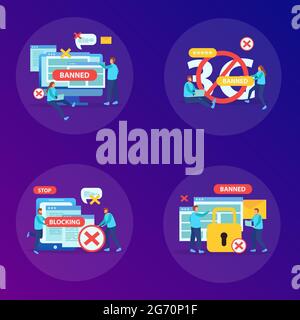 Banning abusive content websites instant messaging users devices internet blocking concept 4 flat compositions square vector illustration Stock Vector