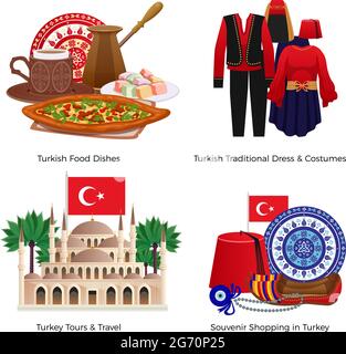 Turkey tourism concept icons set with food and shopping symbols flat isolated vector illustration Stock Vector