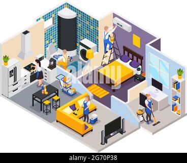 Professional cleaning service isometric composition with profile view of private apartment rooms with workers in uniform vector illustration Stock Vector