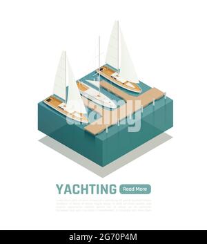 Yachting isometric composition with green read more button and square ...
