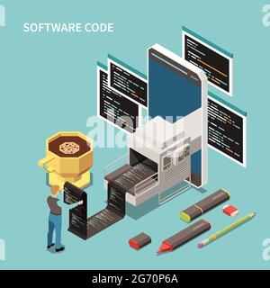 Programming concept with software code and support symbols isometric vector illustration Stock Vector