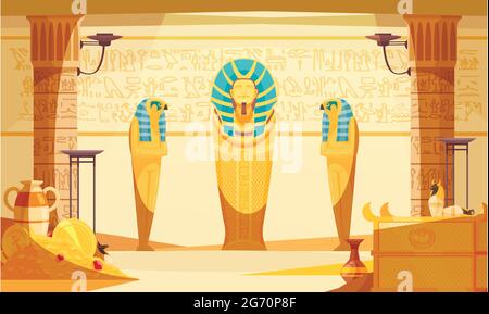 Egyptian burial chamber tomb interior with deceased and ibis bird doll mummies wall etching light vector illustration Stock Vector