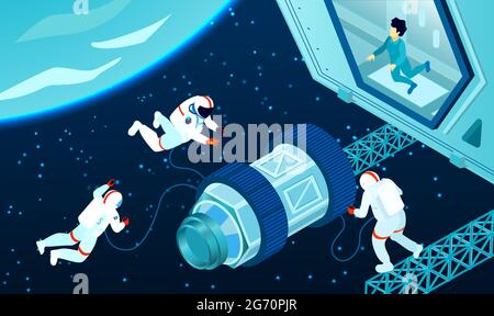 Three spacemen near cosmic station in outer space 3d isometric vector illustration Stock Vector