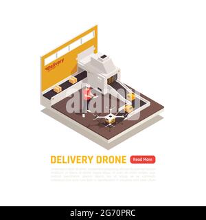 Drones quadrocopters isometric background with automated conveyor of ...