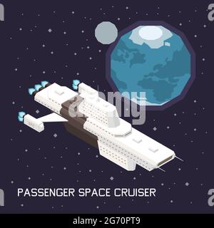 Isometric composition with big space ship transporting passengers 3d vector illustration Stock Vector