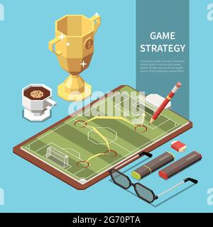 Football game strategy on sheet of paper pencil markers glasses cup on blue background 3d isometric vector illustration Stock Vector
