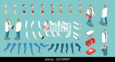 Isometric constructor for male doctor character set with arms legs haircuts of different color and first aid kit 3d isolated vector illustration Stock Vector