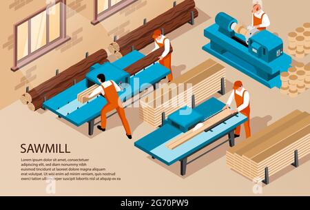 Isometric sawmill woodworking horizontal background with text and indoor composition of workers inside production facility house vector illustration Stock Vector