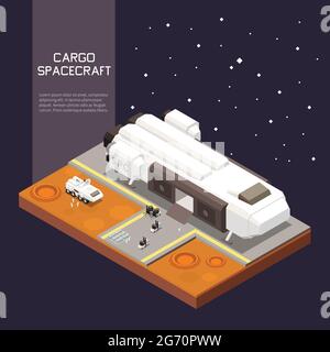 Cargo loading process into space ship 3d isometric vector illustration Stock Vector