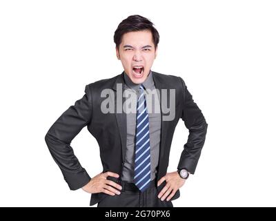 Angry  business man yelling  .Isolated on white background. Stock Photo