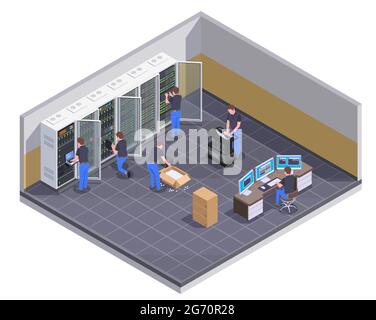 Data center facility isometric view with personnel checking server unpacking hardware equipment administrator controlling operations vector illustrati Stock Vector