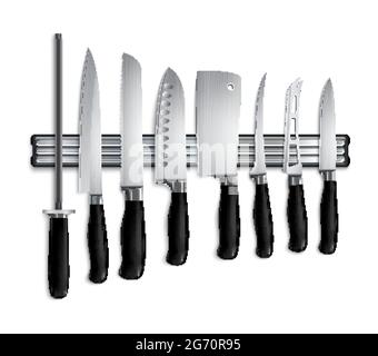 Butchers knives set on magnetic holder closeup realistic image with cleaver chopper steel sharpening rod vector illustration Stock Vector