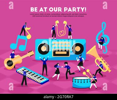 Music background composition of editable text description music instruments key note symbols and small people characters vector illustration Stock Vector