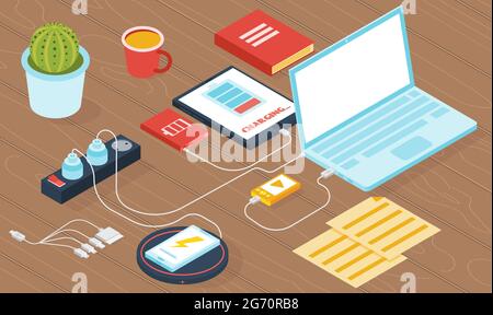 Gadget charger background with tablet laptop and smartphone isometric vector illustration Stock Vector