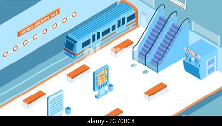 Empty metro station with arriving train escalators police booth map 3d isometric vector illustration Stock Vector