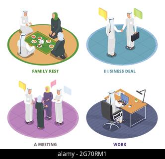 Isometric 2x2 design concept with arab people resting with family and working 3d isolated vector illustration Stock Vector