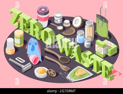 Zero waste isometric composition with eco friendly bags cosmetics cutlery personal things 3d vector illustration Stock Vector