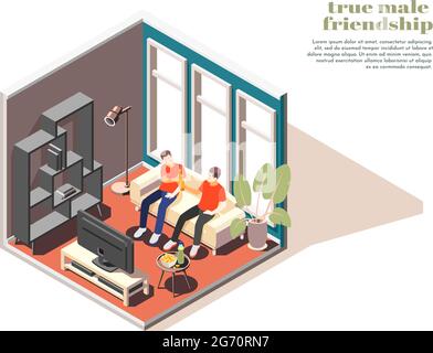 True friendship 3d composition with two male characters sitting on sofa drinking beer in front of tv isometric vector illustration Stock Vector