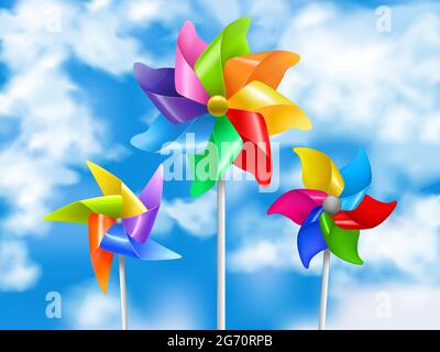 Colored and realistic wind mill toy sky illustration in three sizes and styles vector illustration Stock Vector
