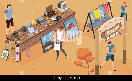 Flea market garage isometric composition with human characters shopping rare items at outdoor exposition with text vector illustration Stock Vector