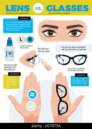 Eye lenses eyeglasses background composition with editable text and human eyes with hands and glasses vector illustration Stock Vector